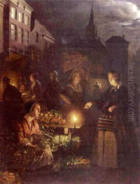 A Woman Buying Vegetables At A Market Stall, Lit By Candlelight Oil Painting by Petrus van Schendel