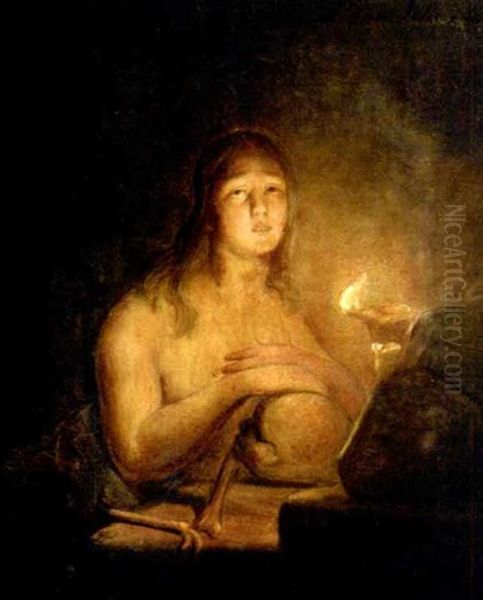 Die Bluhende Maria Magdalena Mit Totenschadel Bei Kerzenlicht Oil Painting by Petrus van Schendel