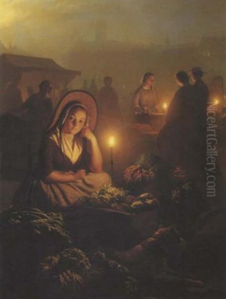 A Girl Selling Vegetables At The Night-market With The Dam Palace And The Nieuwe Kerk In The Distance, Amsterdam Oil Painting by Petrus van Schendel