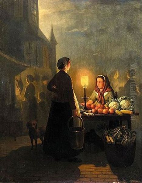 Market Stall By Moonlight Oil Painting by Petrus van Schendel