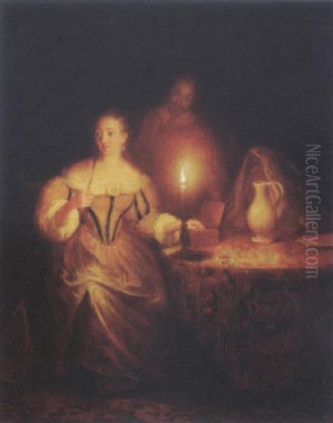 A Courtier And A Musician In A Candlelit Room Oil Painting by Petrus van Schendel