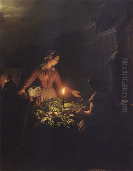 A Vegetable Seller By Candlelight Oil Painting by Petrus van Schendel