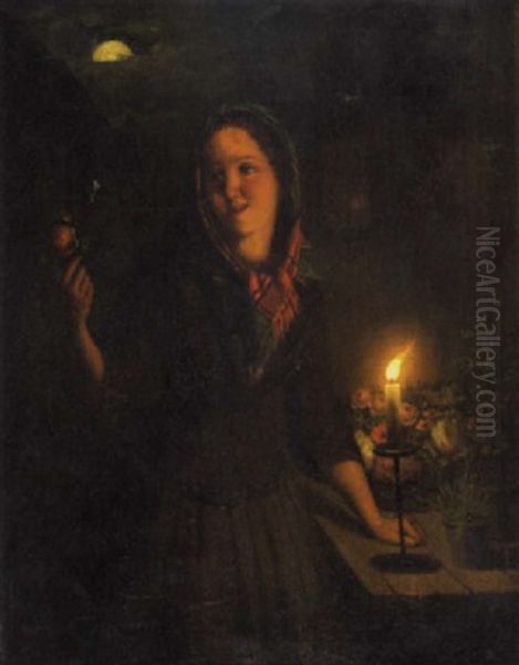 A Flower Seller By Moonlight Oil Painting by Petrus van Schendel