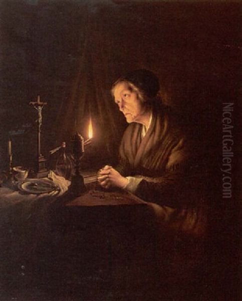 Dame Met Rozenkranz Oil Painting by Petrus van Schendel