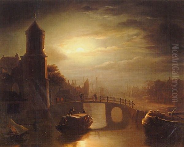 Barges On A Canal By Moonlight Oil Painting by Petrus van Schendel