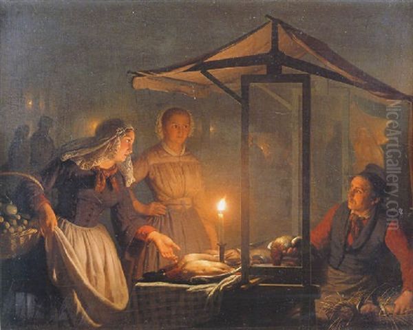 Young Woman At A Market Stall By Moonlight Oil Painting by Petrus van Schendel