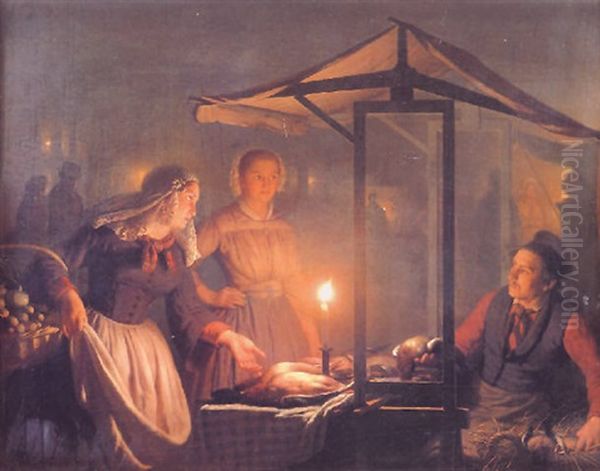 Young Women At A Market Stall By Moonlight Oil Painting by Petrus van Schendel