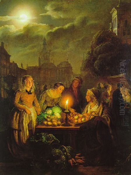 Abendliche Marktszene Im Kerzenschein, Im Hintergrund Eine Stadtsilhouette (amsterdam?) Oil Painting by Petrus van Schendel