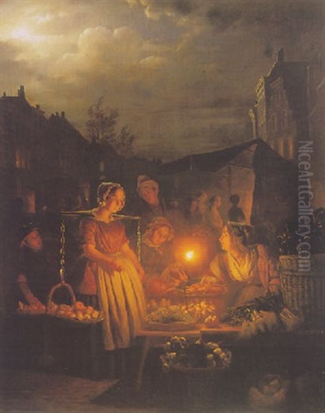 Vegetable Sellers By Candle-light Oil Painting by Petrus van Schendel