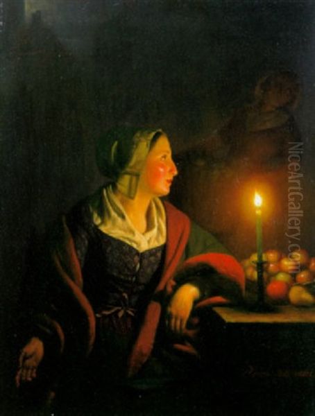 Die Apfelverkauferin Im Kerzenlicht by Petrus van Schendel