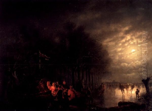 Skaters Near A Koek En Zopie In A Moonlit Landscape Oil Painting by Petrus van Schendel