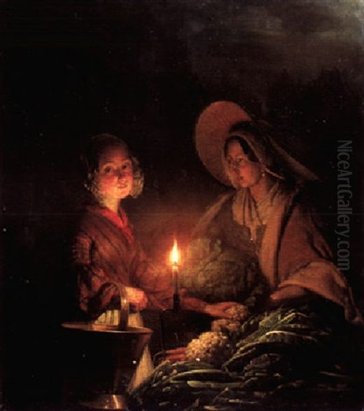 Gemusehandlerin Bei Kerzenlicht Oil Painting by Petrus van Schendel