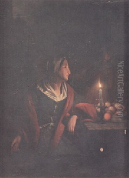 A Candlelit Interior With A Lady Seated At A Table Laden With Fruit Oil Painting by Petrus van Schendel