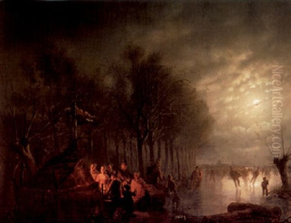 Skaters Near A Koek En Zopie In A Moonlit Landscape Oil Painting by Petrus van Schendel