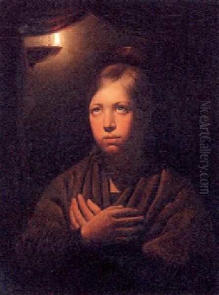 A Girl Praying By Candlelight Oil Painting by Petrus van Schendel