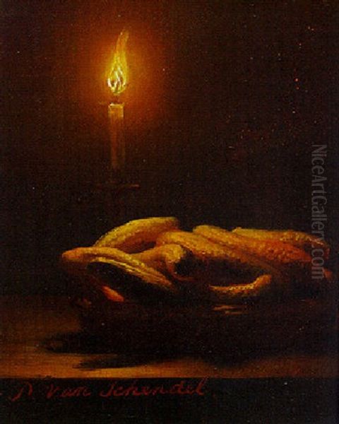 Nature Morte A La Chandelle Oil Painting by Petrus van Schendel