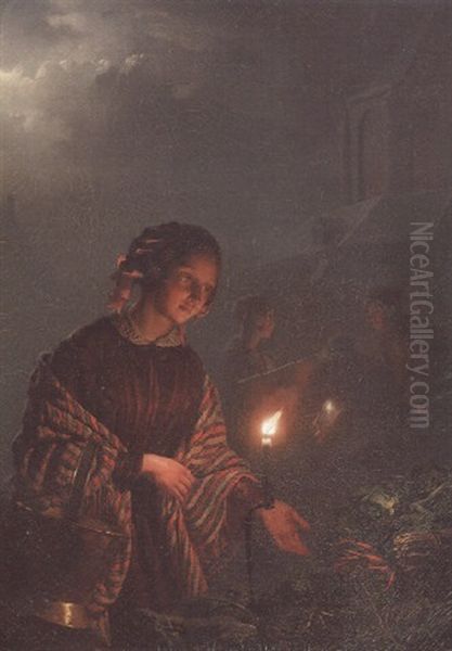 The Vegetable Market By Candelight Oil Painting by Petrus van Schendel