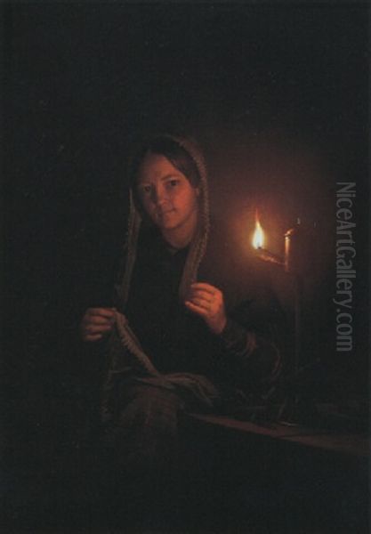 A Seamstress By An Oil Lamp Oil Painting by Petrus van Schendel