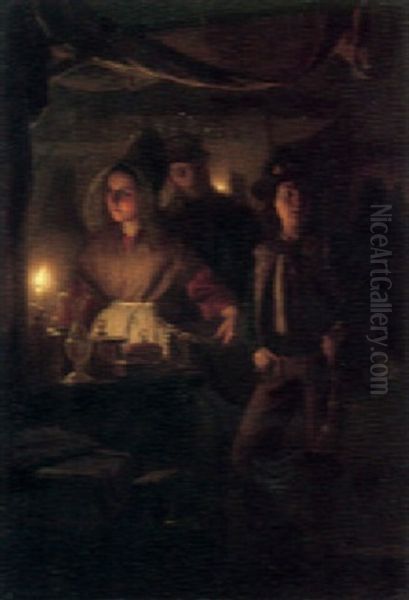 A Candlelit Street Market Oil Painting by Petrus van Schendel