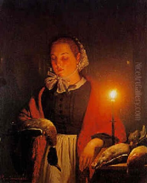 Die Geflugelhandlerin Oil Painting by Petrus van Schendel