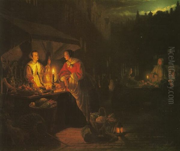 A Market Place By Candlelight Oil Painting by Petrus van Schendel