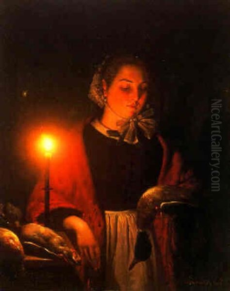 A Candlelit Market With A Woman And Game Oil Painting by Petrus van Schendel