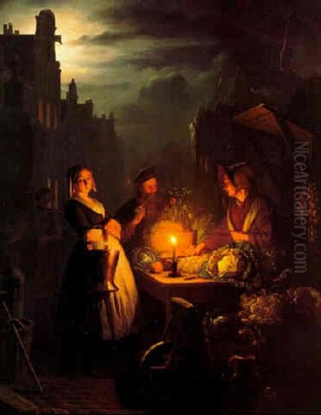 The Vegetable Market At Night Oil Painting by Petrus van Schendel