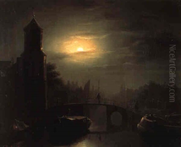 Stad Bij Maanlicht Oil Painting by Petrus van Schendel