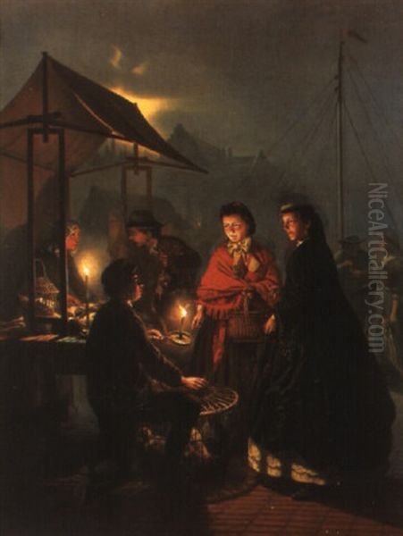 A Poultry Market By Candlelight Oil Painting by Petrus van Schendel