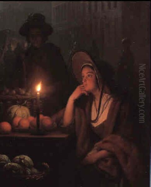 Market Stall At Night Oil Painting by Petrus van Schendel