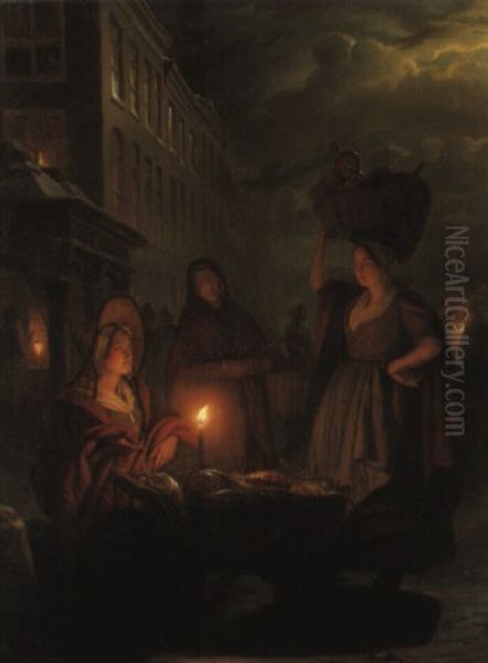 A Fish Market By Night Oil Painting by Petrus van Schendel