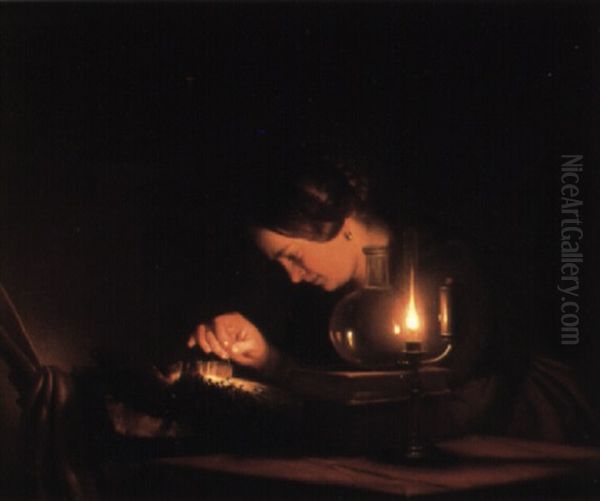 The Lace Maker Oil Painting by Petrus van Schendel