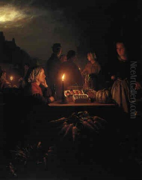 A Market At Night Oil Painting by Petrus van Schendel