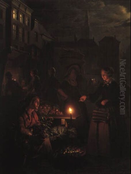 Evening Market Scene Oil Painting by Petrus van Schendel