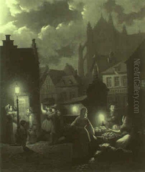 Figures At A Market Stall By Candle Light Oil Painting by Petrus van Schendel