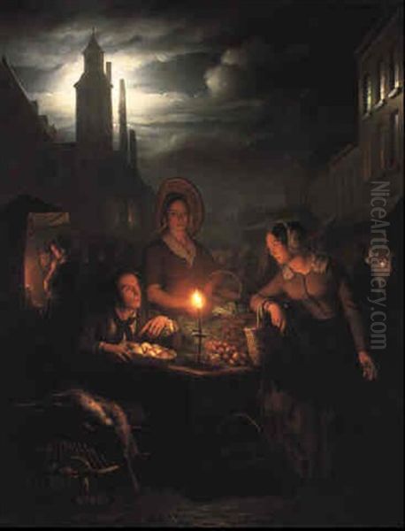 An Evening Market Scene Oil Painting by Petrus van Schendel