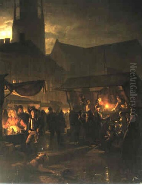 Numerous Figures On A Moonlit Market Oil Painting by Petrus van Schendel