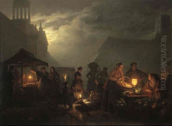 Market Square At Night Oil Painting by Petrus van Schendel