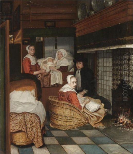 An Interior With A Family And Two Nurses Before A Fire Oil Painting by Esaias Boursse