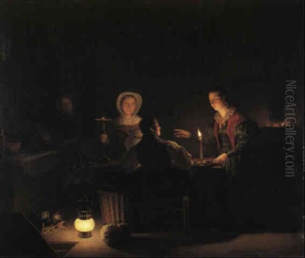 Figures In A Kitchen By Candlelight Oil Painting by Petrus van Schendel