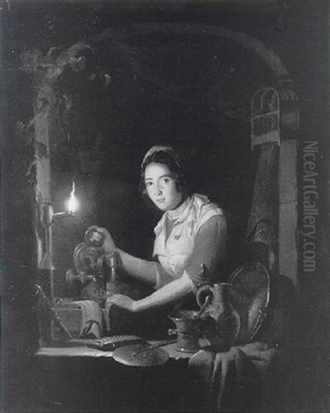 A Maid Working By Candlelight Oil Painting by Petrus van Schendel