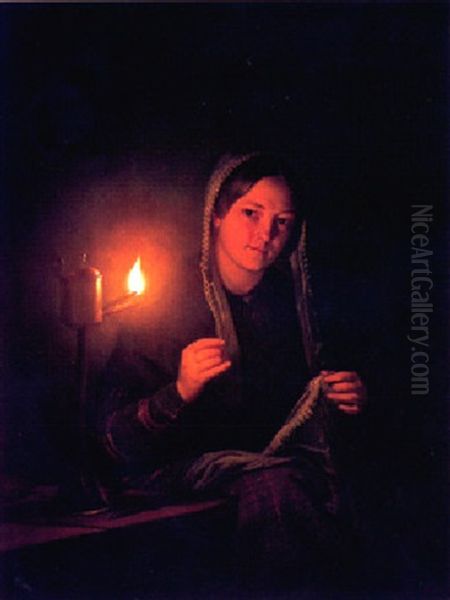 A Seamstress By An Oil Lamp Oil Painting by Petrus van Schendel