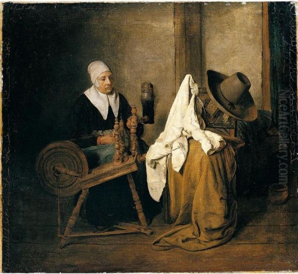 Interior With An Old Woman At A Spinning Wheel Oil Painting by Esaias Boursse