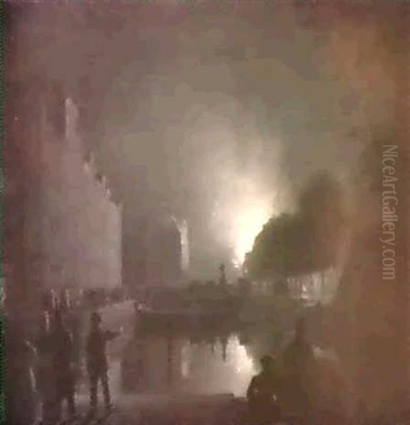 Rotterdam On Fire: A View Of The Steigersgracht Towards The Groote Markt With A Statue Of Erasmus Oil Painting by Petrus van Schendel