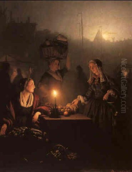 A Vegetable Stall By Candlelight Oil Painting by Petrus van Schendel