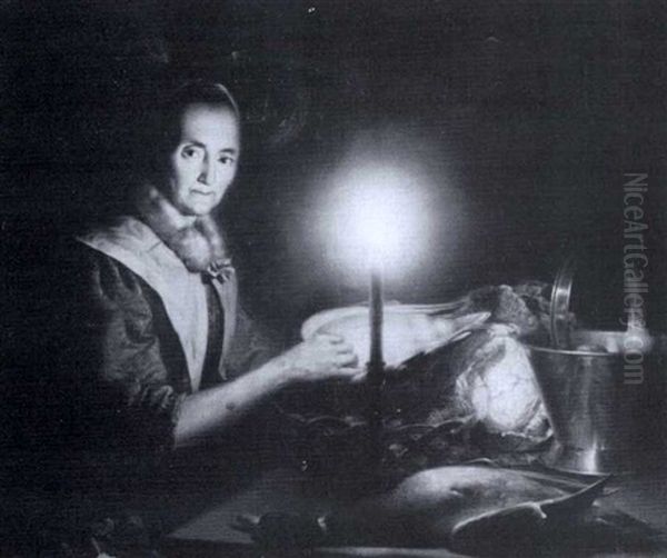 A Game Seller By Candlelight Oil Painting by Petrus van Schendel