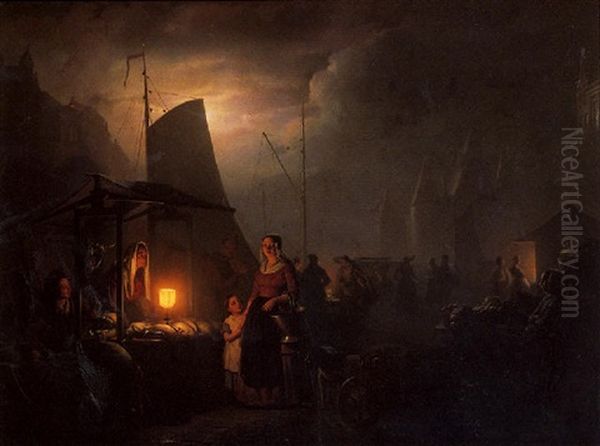 A Market Square At Night With Several Townsfolk By Dead Game And Grocery Stands, Bruxelles by Petrus van Schendel