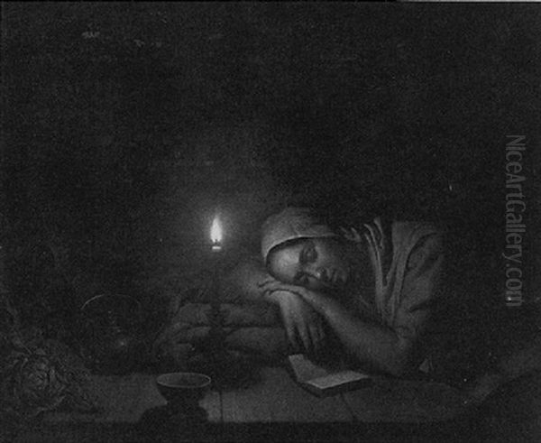 A Candle-lit Interior With A Kitchen Maid Sleeping At A Table Oil Painting by Petrus van Schendel