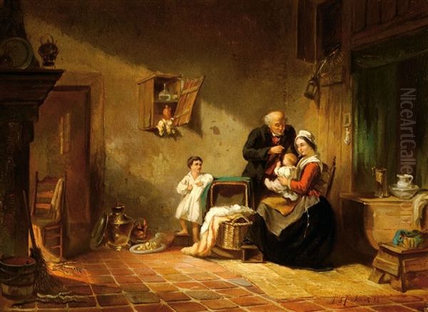 Farmers Family In An Interior Oil Painting by Martinus Christian Schenk