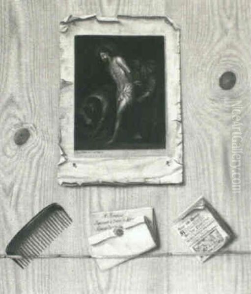 Trompe L'oeil Still Life Of A Board With A Print, An        Almanac, And A Comb Attached To It Oil Painting by Pieter (Petrus) Schenk